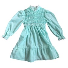 Polly Flinders Vintage Mint Green Hand Smocked Floral Lace Dress Kids Size 4