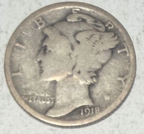 1918-P Mercury Dime 90% Silver, Free Shipping