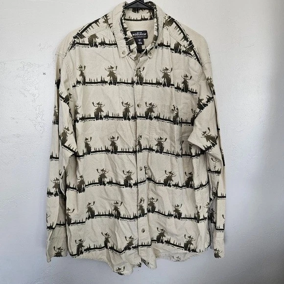 Woolrich Men's XL Moose Outdoor Print Long Sleeve Shirt Cream Olive Green Button