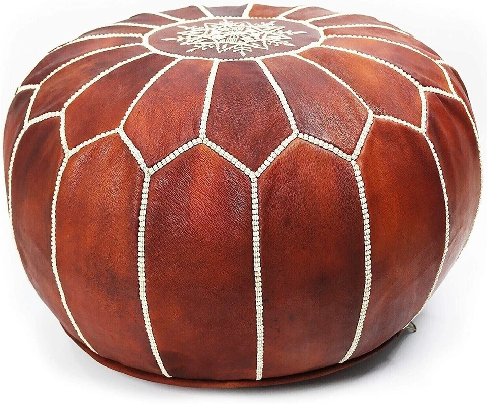Natural Un-Stuffed Genuine Round Footstool Brown Handmade Pouffe Leather - Image 2 of 4