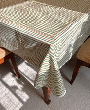 Block Print Cotton Tablecloth From India Green and Gold Geometric 57x80 Inches