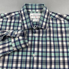 Mizzen  Main Shirt Men XL Trim Fit Teal Blue Plaid Performance Stretch Hybrid