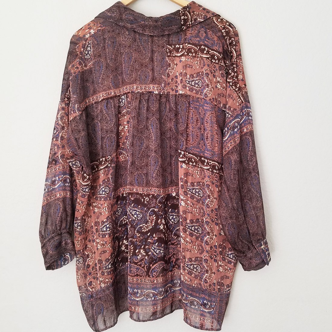 Zara Patchwork Shirt Blouse Top M Oversized Paisley Boho Brown Semi Sheer Collar image 3