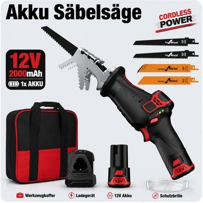 Akku Säbelsäge Elektrische Reciprosäge Tigersäge Fuchsschwanz mit 4 Sägeblätter