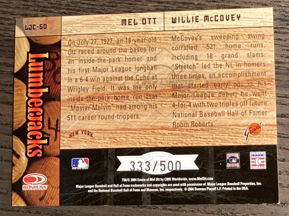 2004 Leaf Limited Lumberjacks /500 Mel Ott Willie McCovey #LJC-50 HOF - Image 2 of 2