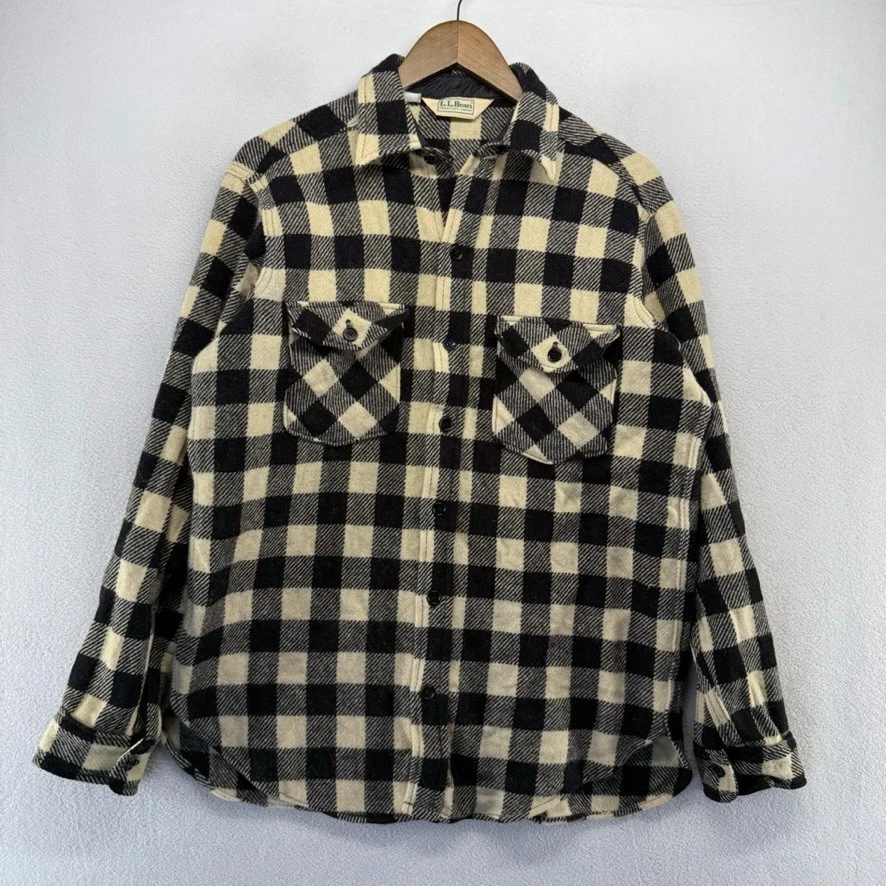 Vintage LL Bean Flannel Shirt Men's Large White Black Buffalo Check Wool 90s - Image 2 of 4