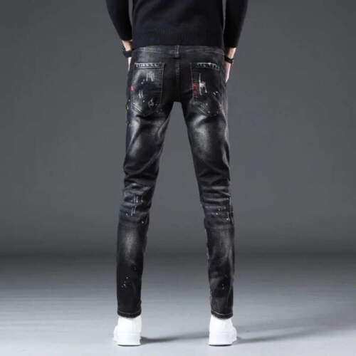 Men's Jeans Slim Fit Skinny Trendy Pants Korean Fashion Four Seasons Black Cotto - Picture 8 of 11