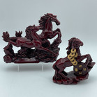 CHINESE CINNABAR Resin Horse Statues Sculpture Red 8" & 5.5" Ornate Decor SET