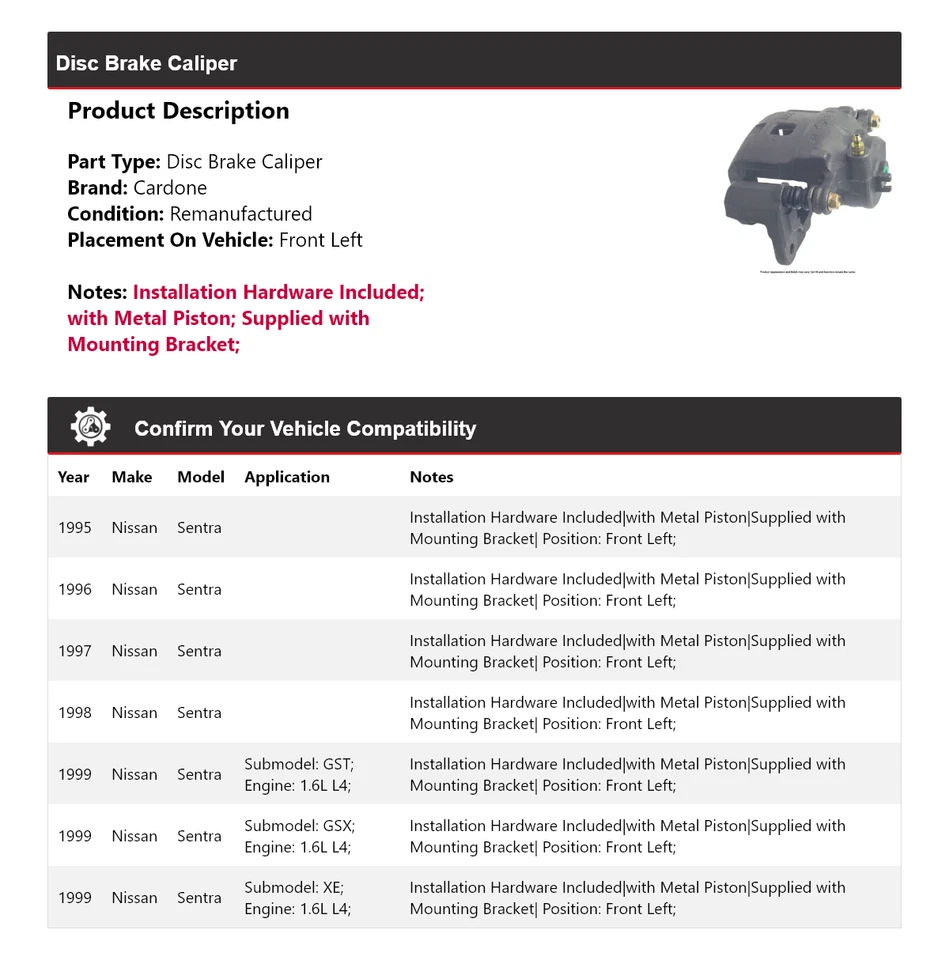 Pinza de freno de disco delantera izquierda cardone 1996 1997 1998 para Nissan Sentra 1995-1999 Foto 2 de 4