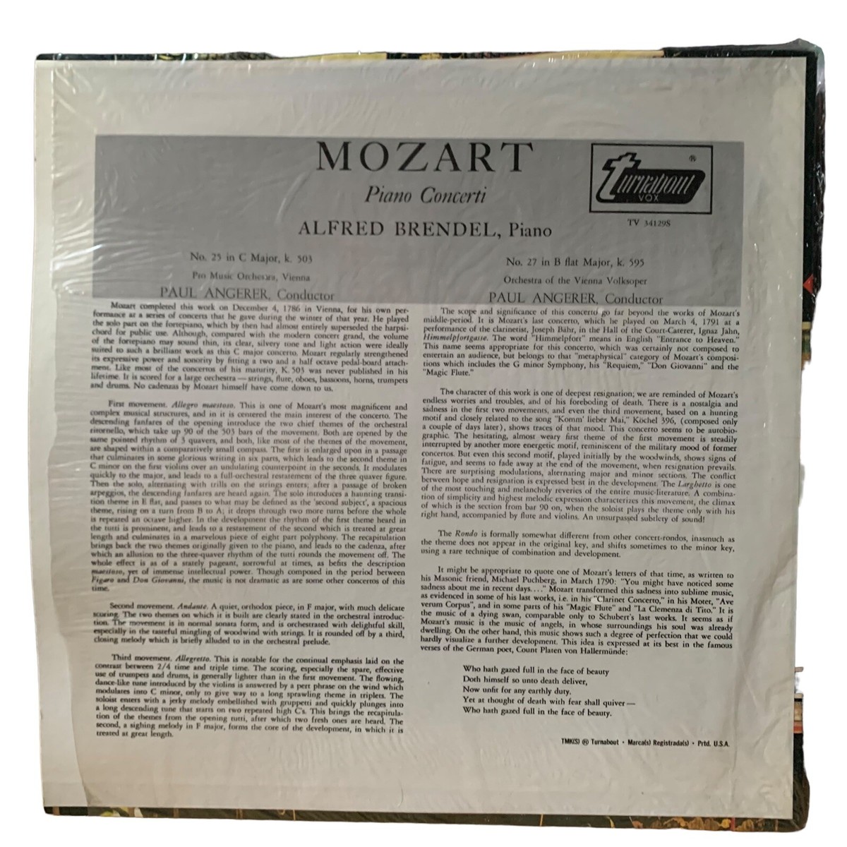 Mozart Piano Concerti Alfred Brendel Vox Turnabout Classical Vinyl