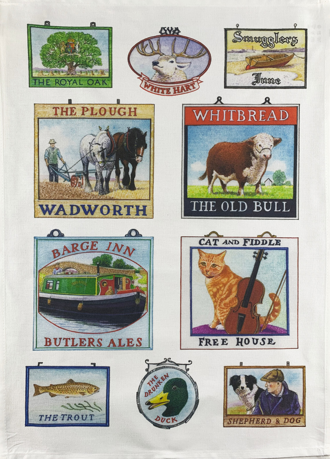 British Village Life  Tea Towel , machine washable, cotton, hand drawn