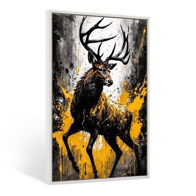   WANDBILD GOLDENER HIRSCH DEER TIER, LEINWAND BILD MIT RAHMEN , KUNST DEKO HAUS