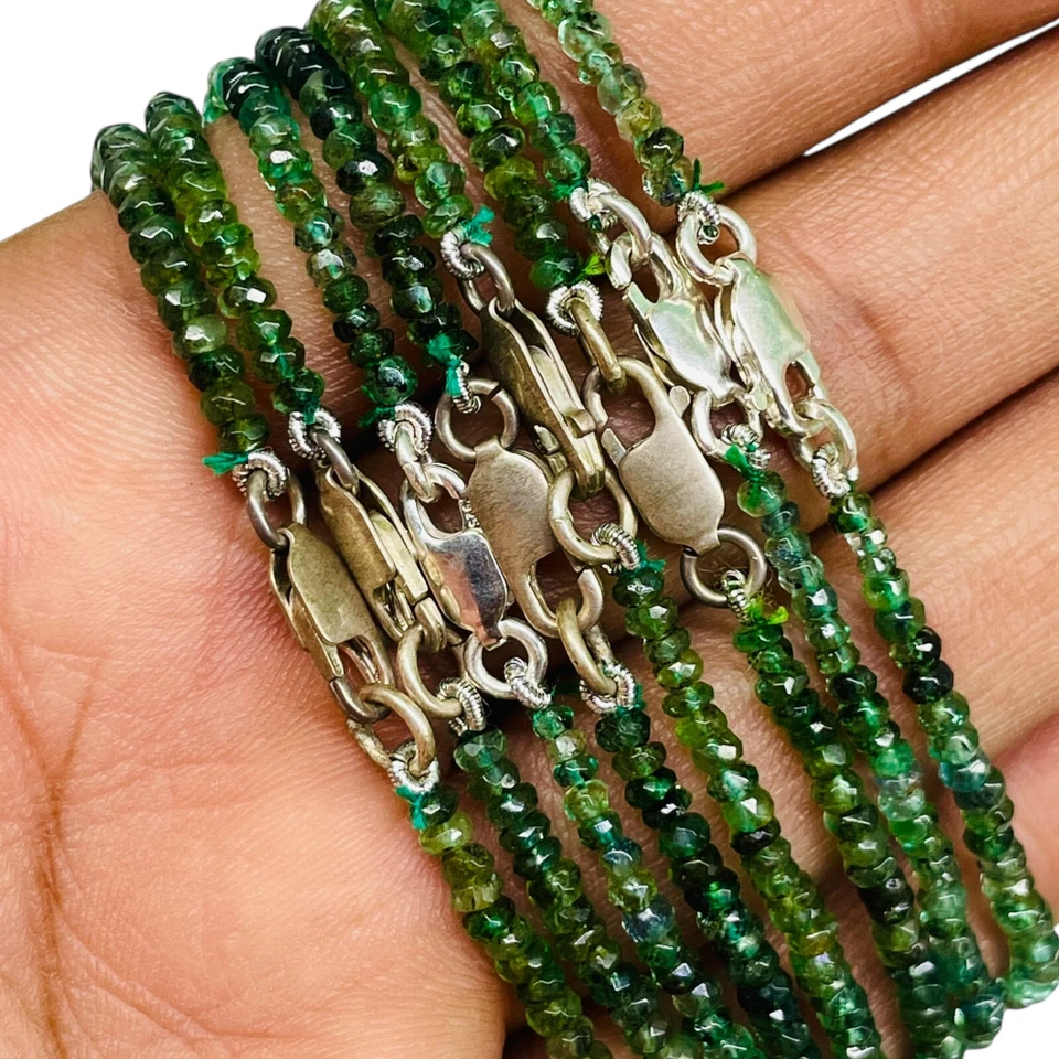 Colar de esmeralda natural da Zâmbia fio único contas facetadas fecho 925 18 polegadas - Imagem 2 de 4
