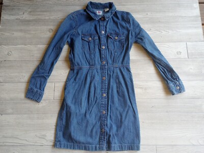 Levis Blue Denim Dress Size Small Shirt Dress Full Snap Long Sleeves Cotton
