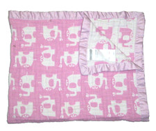 Silver Cloud Baby Muslin Jacquard Blanket Pink White Elephants Satin Trim