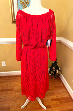 Womens RED Nine West MIdi Off Shoulder/On Shoulder Lined Lace Dress