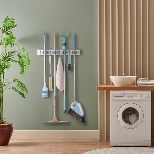 White Mop Broom Holder Wall Mount With 4 Slots & 4 Hooks Wood Broom Mop Hanger F - Picture 5 of 7