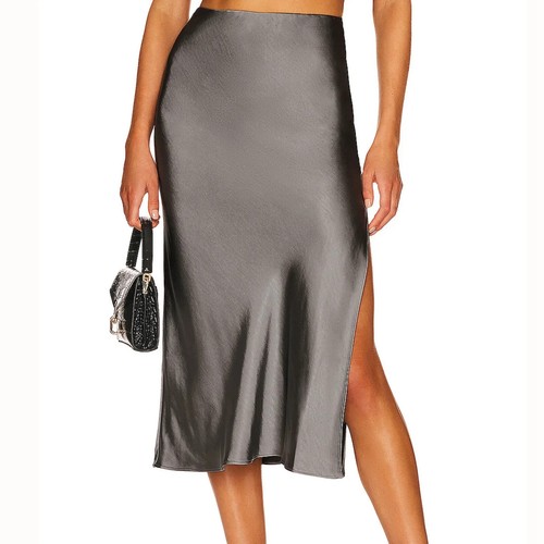 Seitenschlitz Damen Satin Seide Midi Rock Hohe Taille Einfarbig Elegant RockS - Bild 21 von 28