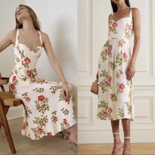 Reformation white cream pink floral Brixton midi cross back dress size 10