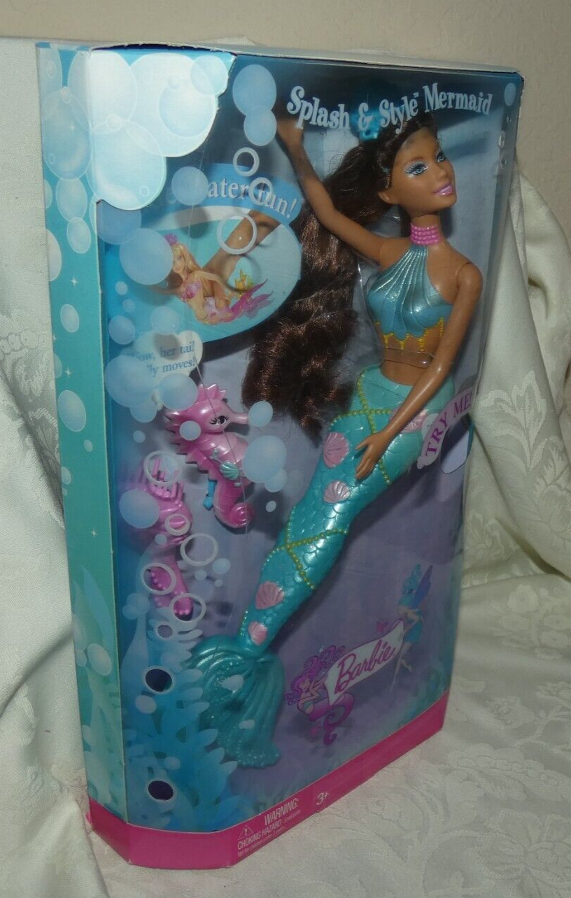 NIB BARBIE 2008 SPLASH & STYLE MERMAID TEAL GREEN & BRUNETTE HAIR MATTEL M9312