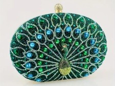 Peacock Rhinestone Evening Bag, Luxury Beaded Clutch Purse With Gold Trim/ Chain
