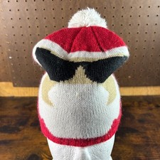 Santa Claus Face Knit Beanie Hat with Pom Pom Red White Black Tan