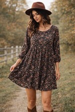 Old Navy Floral Babydoll Dress Black Cottagecore 3/4 Sleeve PTP 16  Length 32