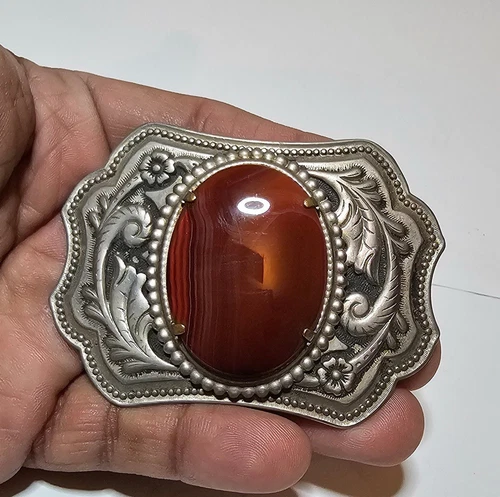 Vintage Western Embossed Belt Buckle Cabochon Orange Agate Scroll Design Unisex