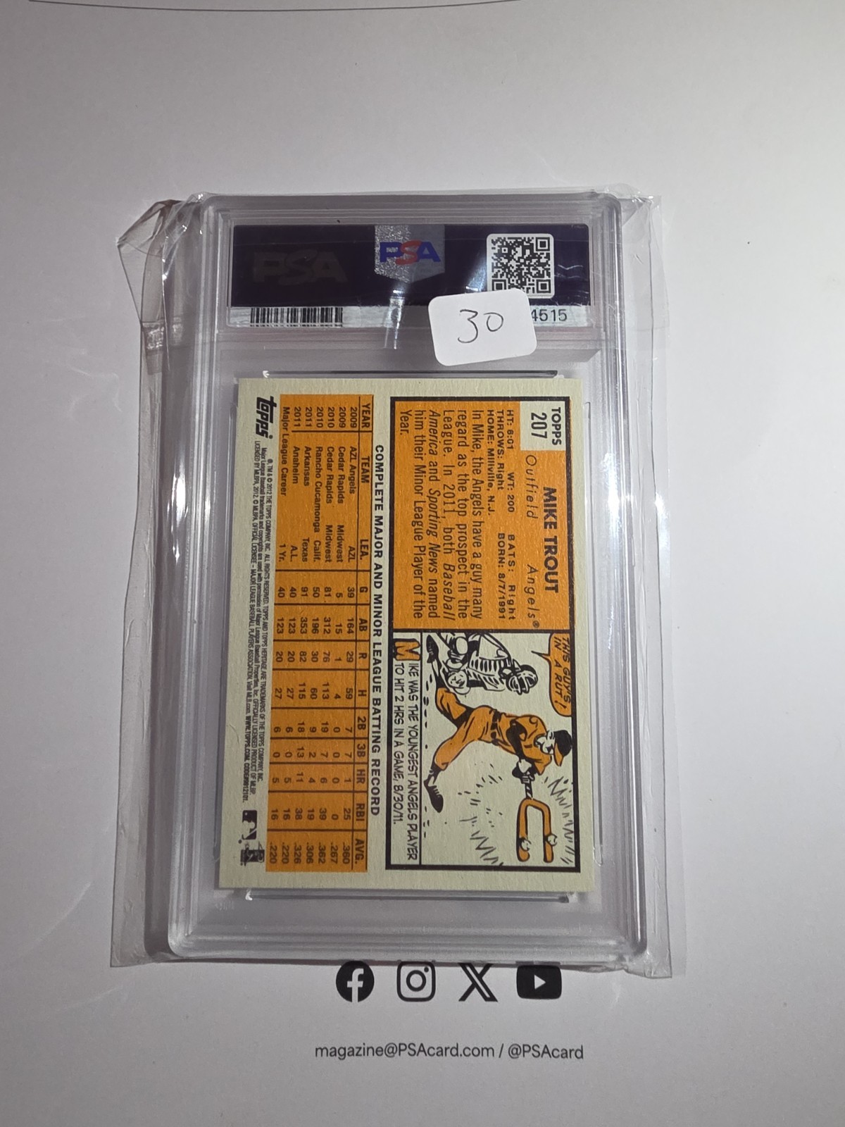 2012 Topps Heritage Mike Trout #207 California Angels PSA 8 NM-MT 1st YEAR view 2