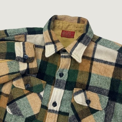 Sears Kings Road Mens XL CPO Shirt Jacket Green Tan Plaid Vintage Wool Blend