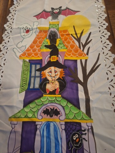 Halloween Tablerunner dipinto a mano strega da appendere al muro, pipistrelli, Dracula 44x17" - Foto 1 di 4