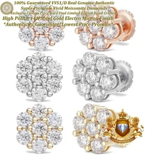 Real VVS1/D 4.00 Ctw. Moissanite  Flower Cluster Studs Earrings Screw Back 12mm