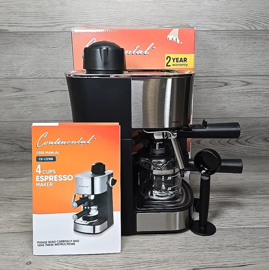 Continental CE-CE158 4 Cup Espresso Maker Machine With Milk Frother Silver Black