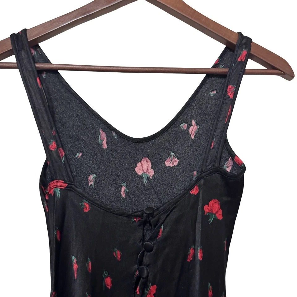 Vestido sin Mangas Vintage Betsey Johnson Negro Rosa Satinado Talla 8 Botón Espalda Maxi Años 90 Foto 4 de 4