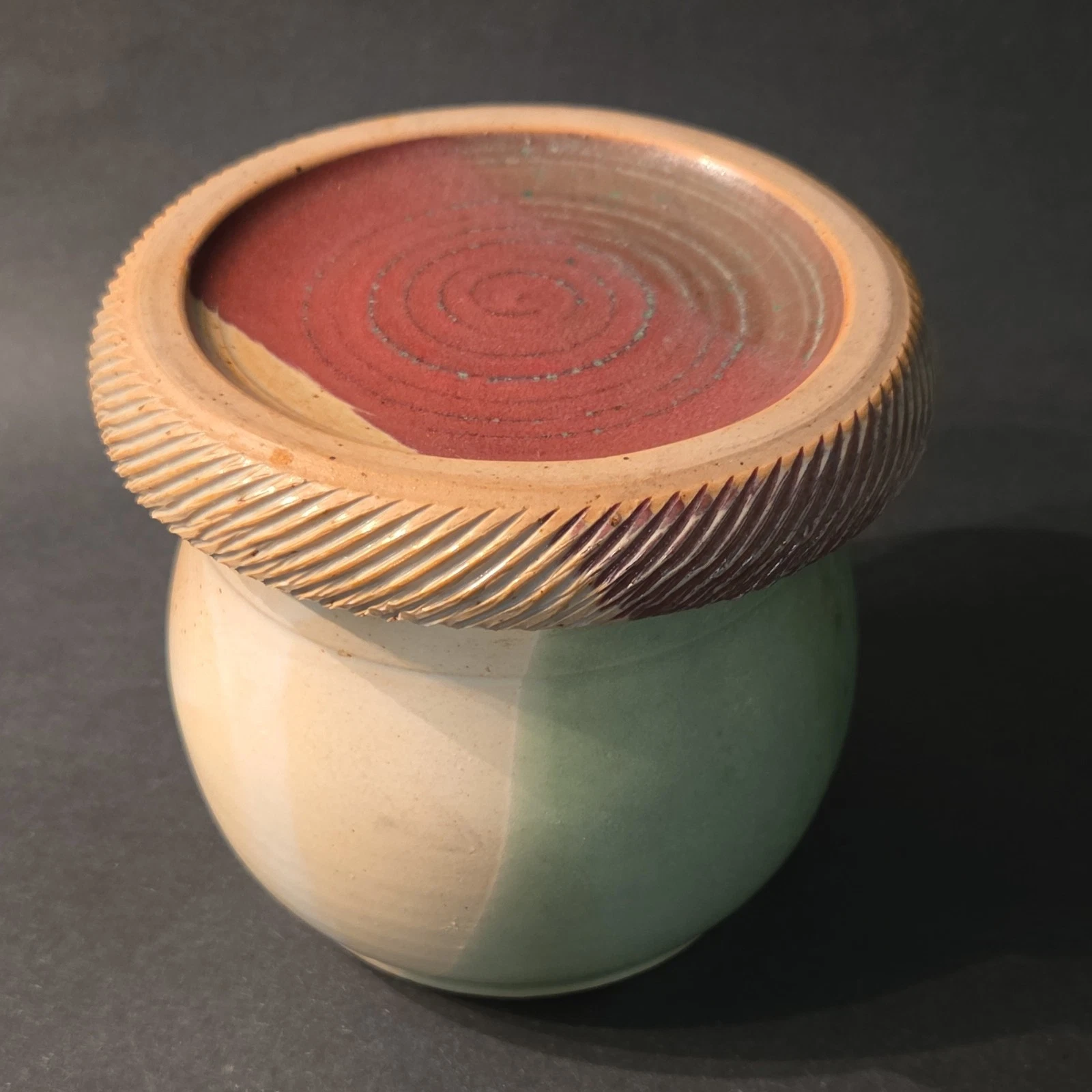 Ceramic French Butter Keeper Crock w/ Lid, Swirl Pattern, Green Beige Red
Opens in a new window or t