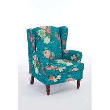 Modern Accent Chair with Retro Wood Legs, Floral Cyan Design,