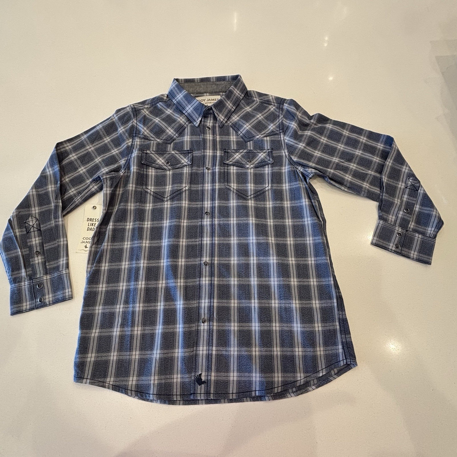 Cody James Boy’s XL Plaid Western Long Sleeve Button-Down Shirt Blue Gray White