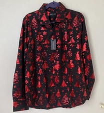 Barry Wang Men's Long Sleeve Black and Red Festive Dress Shirt. Medium. NWT