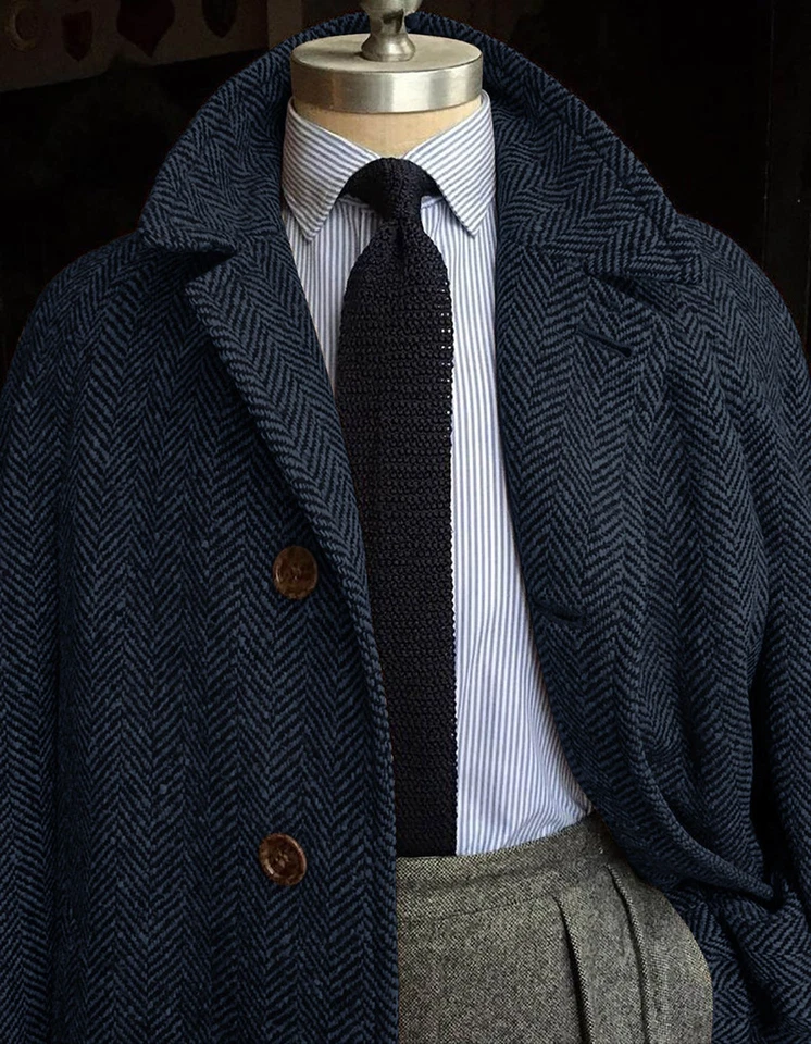 Hombres Abrigos con Cinturón Espiga Mezcla de Lana Abrigos Largos Tweed Ropa Exterior de Negocios Foto 3 de 4