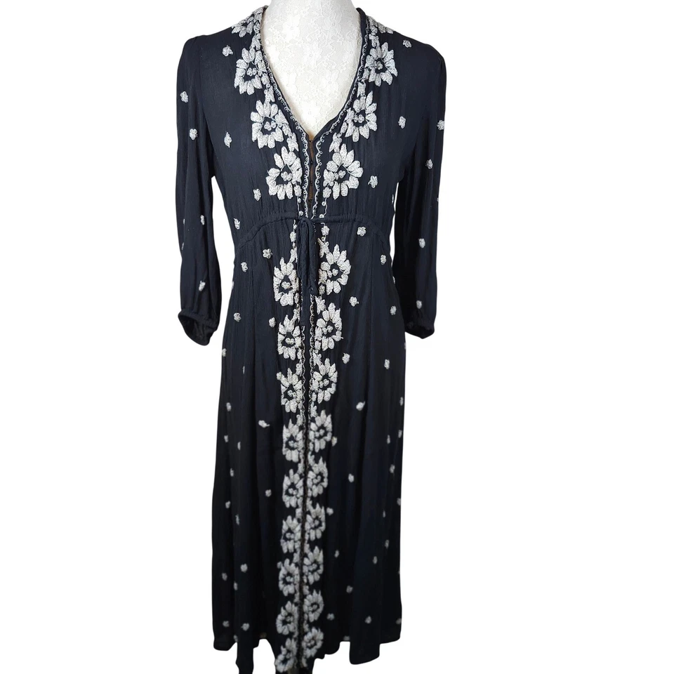 Free People Black Embroidered Midi Dress Boho Festival Size L - Image 3 of 4