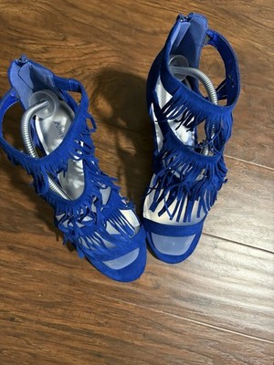 Ashley Stewart Fringe Royal Blue Faux Suede Women Heels Size 10W