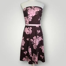 Y2K Strapless Floral Dress Pink Brown Bow Detail Size 9