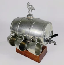 Vtg. MCM BM Norway Pewter 6 Cup Mini 26oz. Keg Spigot w/ Cat Cork Wine Decanter.