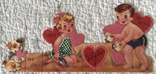Unused Valentine Boy Girl Dog Beach Seashore Flock Vtg Greeting Card 1940s 1950s