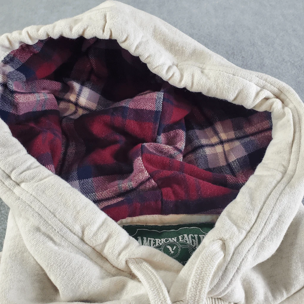 OFF WHITE Felpa con cappuccio vintage American Eagle donna piccola crema cordini a quadri maglione solido