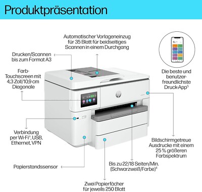 HP OfficeJet Pro 9730e A3 Drucker Kopie Scan WLAN LAN Airprint Demo S 112