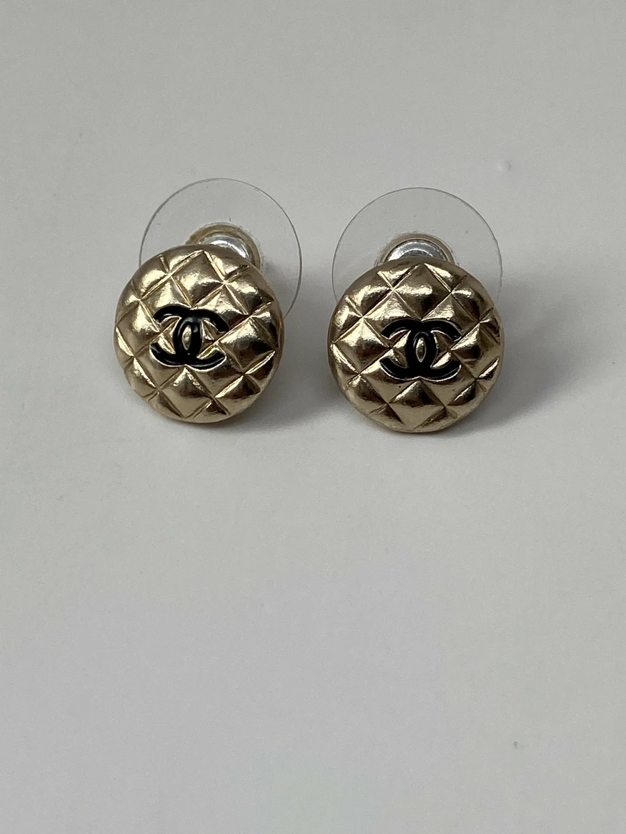 Black Quilted Acrylic and Gold Metal CC Earrings, 1984