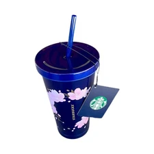 Starbucks Tumbler Midnight Blue 16oz Cold Cup Stainless Pink Sakura Wreath Asian