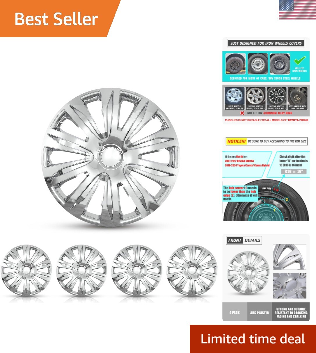 16 Inch Chrome Snap-On Hubcaps Set of 4 for Cars Trucks SUVs Wheel Rims