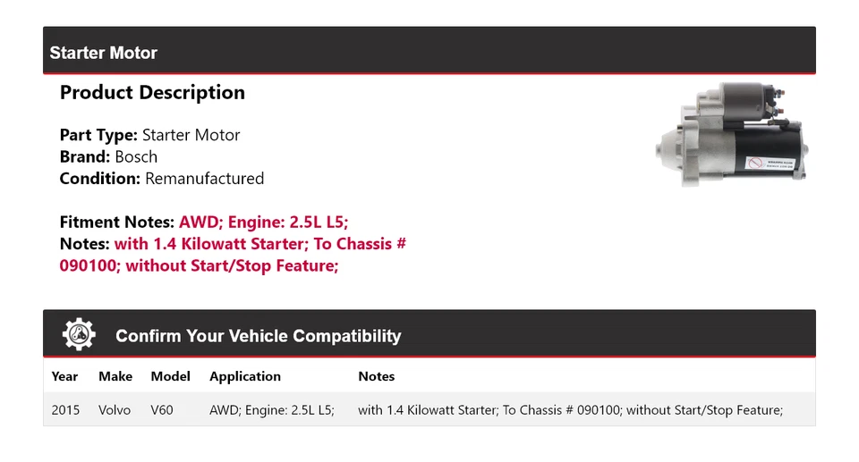Para 2015 Volvo V60 2.5L L5 AWD Bosch Starter (Remanufaturado) - Imagem 2 de 4